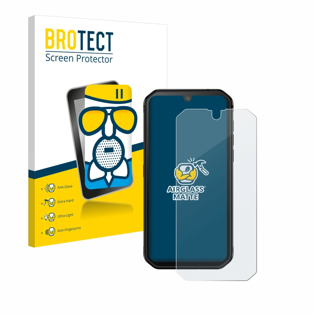 Parte frontal de un envase de producto con el logotipo de la marca BROTECT. Al lado se muestra el dispositivo Blackview BV9900