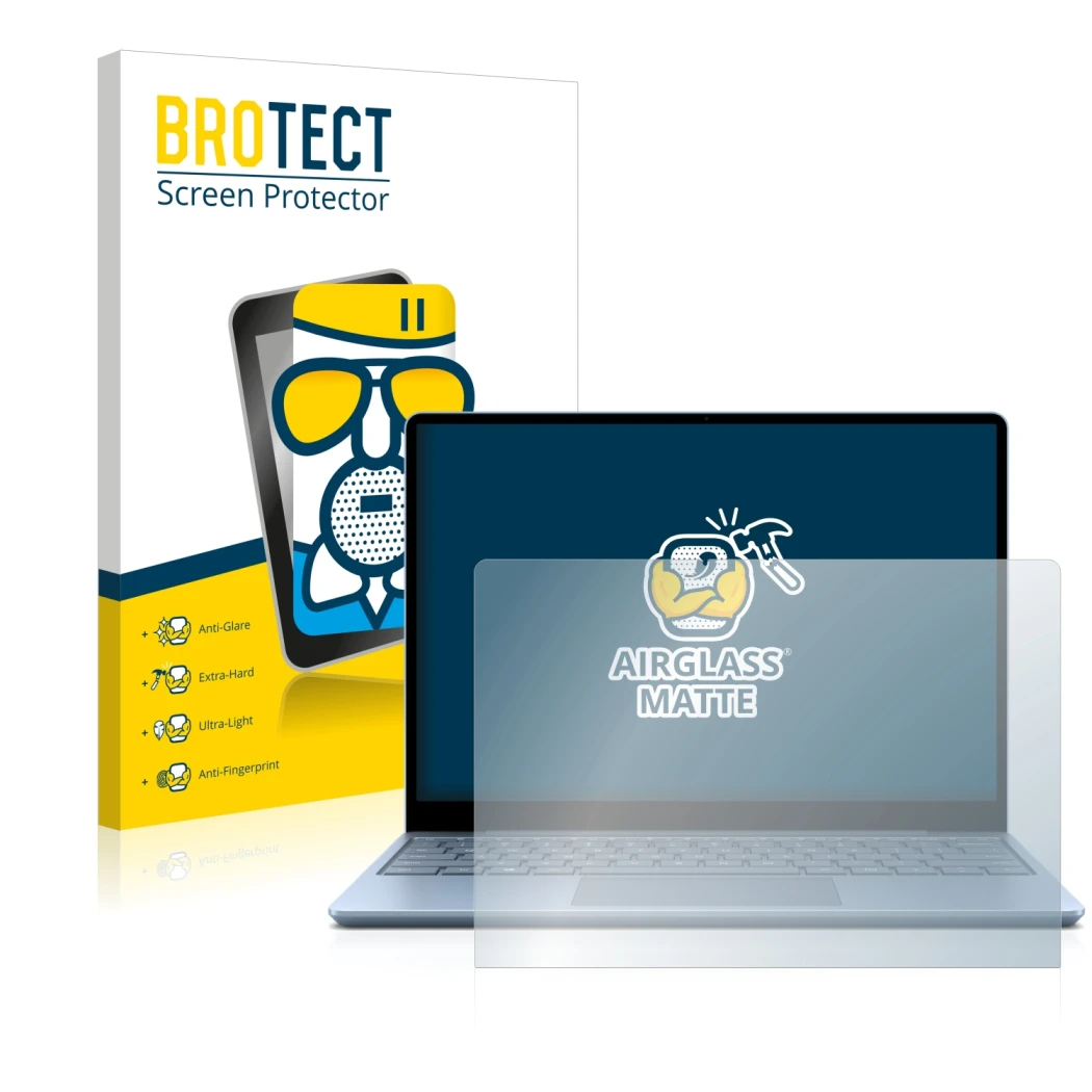 Parte frontal de un envase de producto con el logotipo de la marca BROTECT. Al lado se muestra el dispositivo Microsoft Surfac