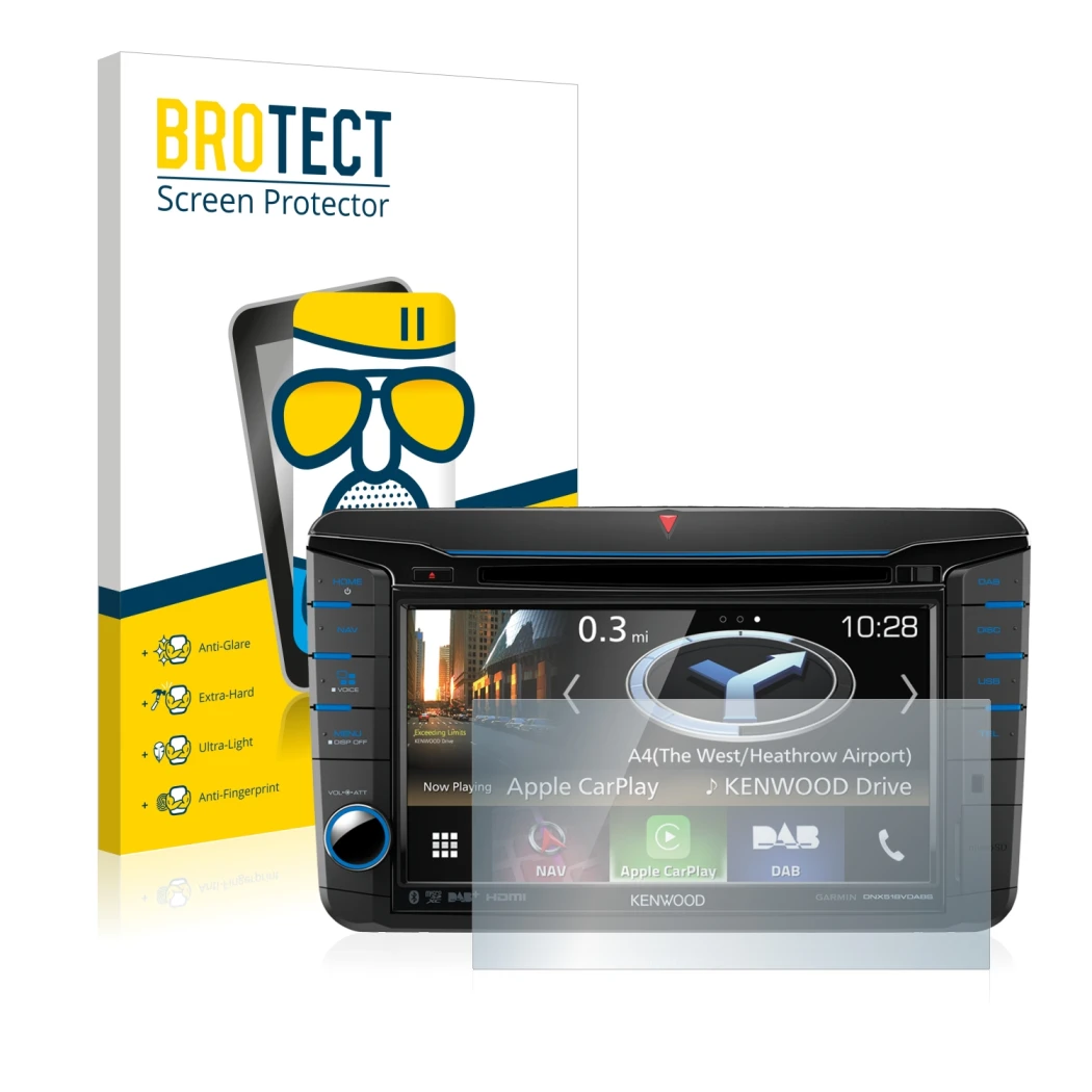 Parte frontal de un envase de producto con el logotipo de la marca BROTECT. Al lado se muestra el dispositivo Kenwood DNX518VD