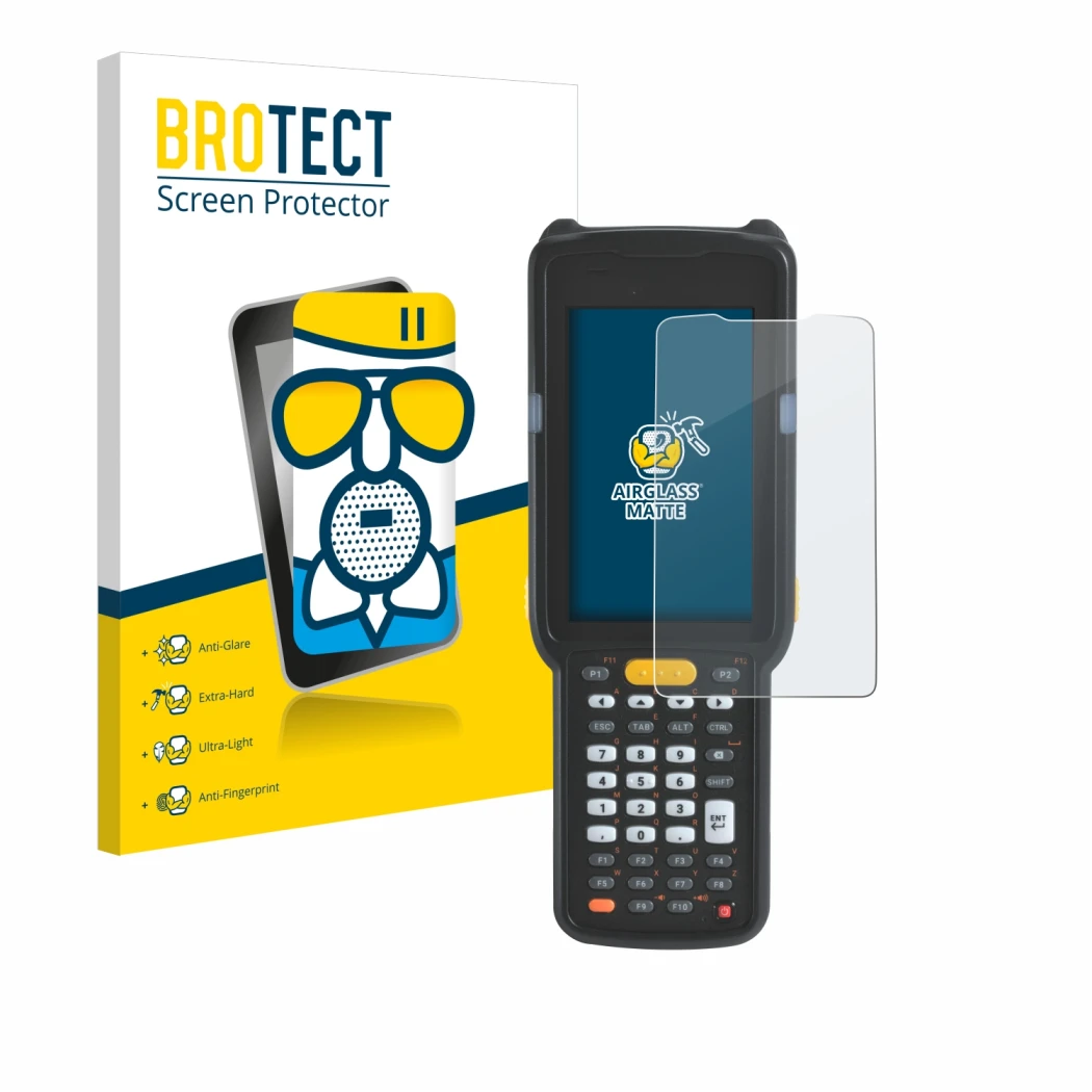 Parte frontal de un envase de producto con el logotipo de la marca BROTECT. Al lado se muestra el dispositivo Zebra MC330L con