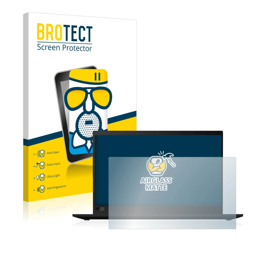 Parte frontal de un envase de producto con el logotipo de la marca BROTECT. Al lado se muestra el dispositivo Lenovo ThinkPad