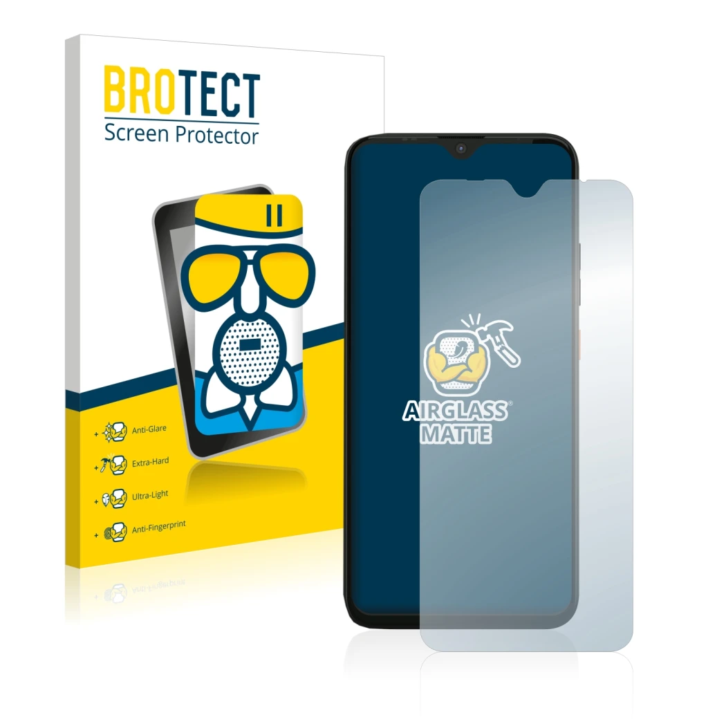 Parte frontal de un envase de producto con el logotipo de la marca BROTECT. Al lado se muestra el dispositivo Gigaset GS4 con 