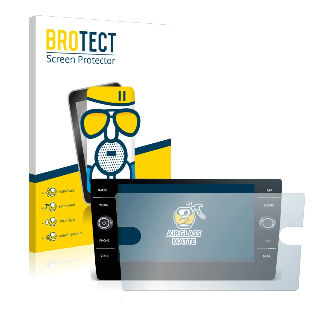 Parte frontal de un envase de producto con el logotipo de la marca BROTECT. Al lado se muestra el dispositivo Volkswagen Tigua