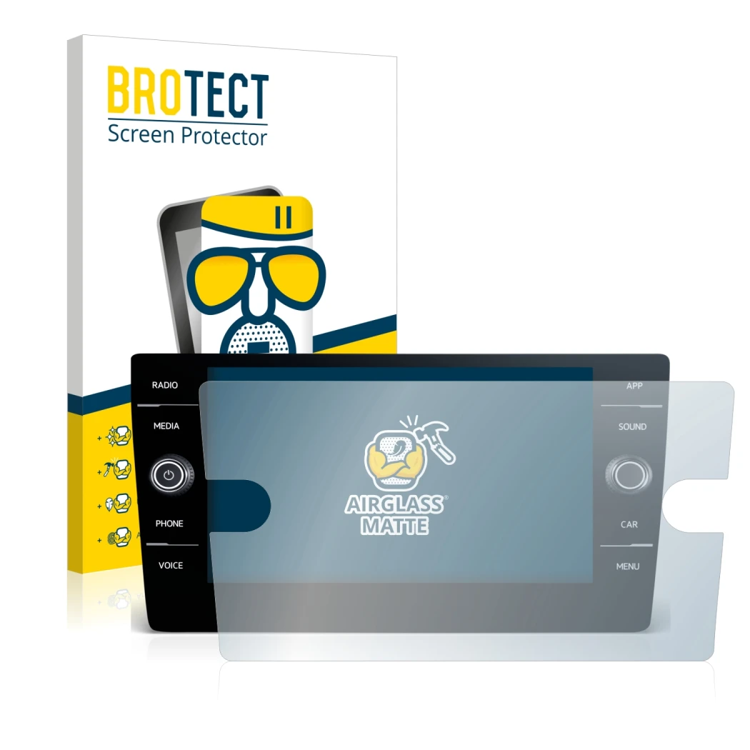 Parte frontal de un envase de producto con el logotipo de la marca BROTECT. Al lado se muestra el dispositivo Volkswagen T-Roc