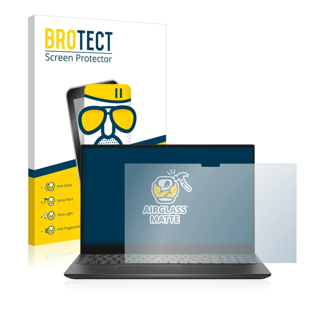 Parte frontal de un envase de producto con el logotipo de la marca BROTECT. Al lado se muestra el dispositivo Dell Inspiron 15