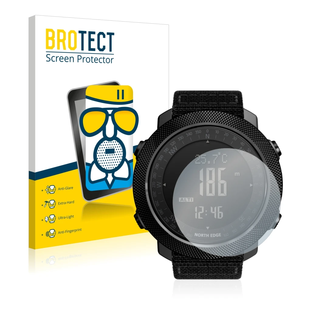 Parte frontal de un envase de producto con el logotipo de la marca BROTECT. Al lado se muestra el dispositivo North Edge Apach