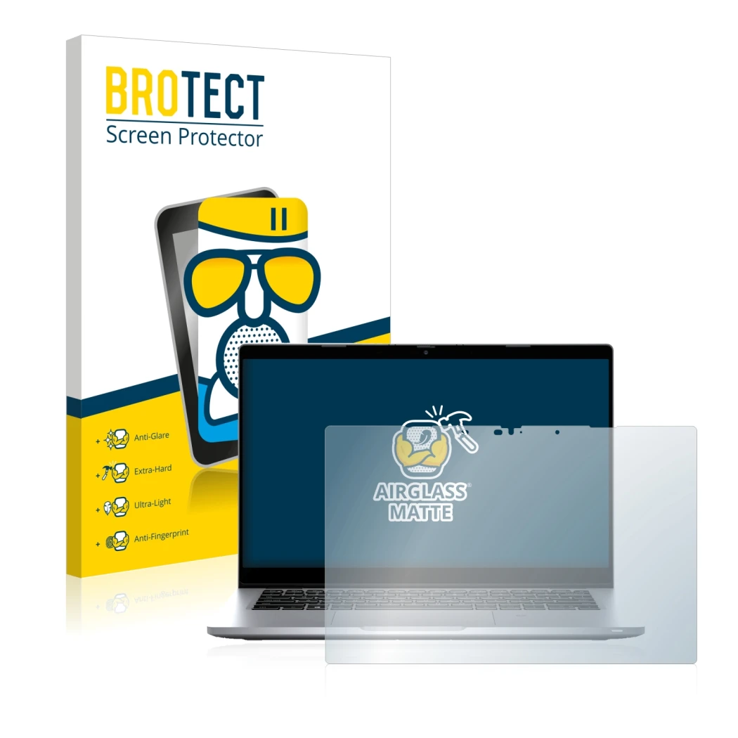 Parte frontal de un envase de producto con el logotipo de la marca BROTECT. Al lado se muestra el dispositivo Dell Latitude 53