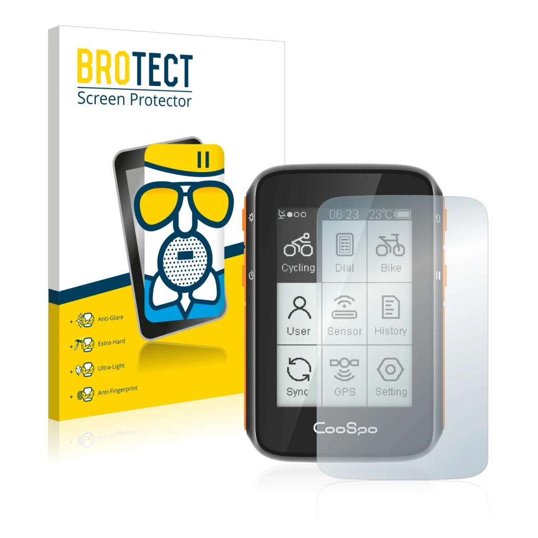 Parte frontal de un envase de producto con el logotipo de la marca BROTECT. Al lado se muestra el dispositivo CooSpo BC200 con