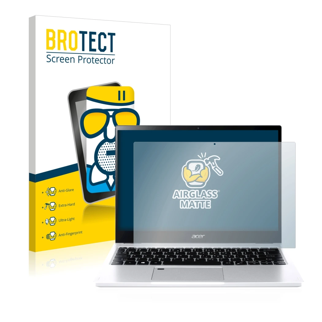 Parte frontal de un envase de producto con el logotipo de la marca BROTECT. Al lado se muestra el dispositivo Acer Spin 3 SP31