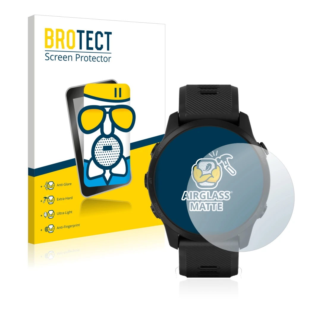 Parte frontal de un envase de producto con el logotipo de la marca BROTECT. Al lado se muestra el dispositivo Garmin Forerunne