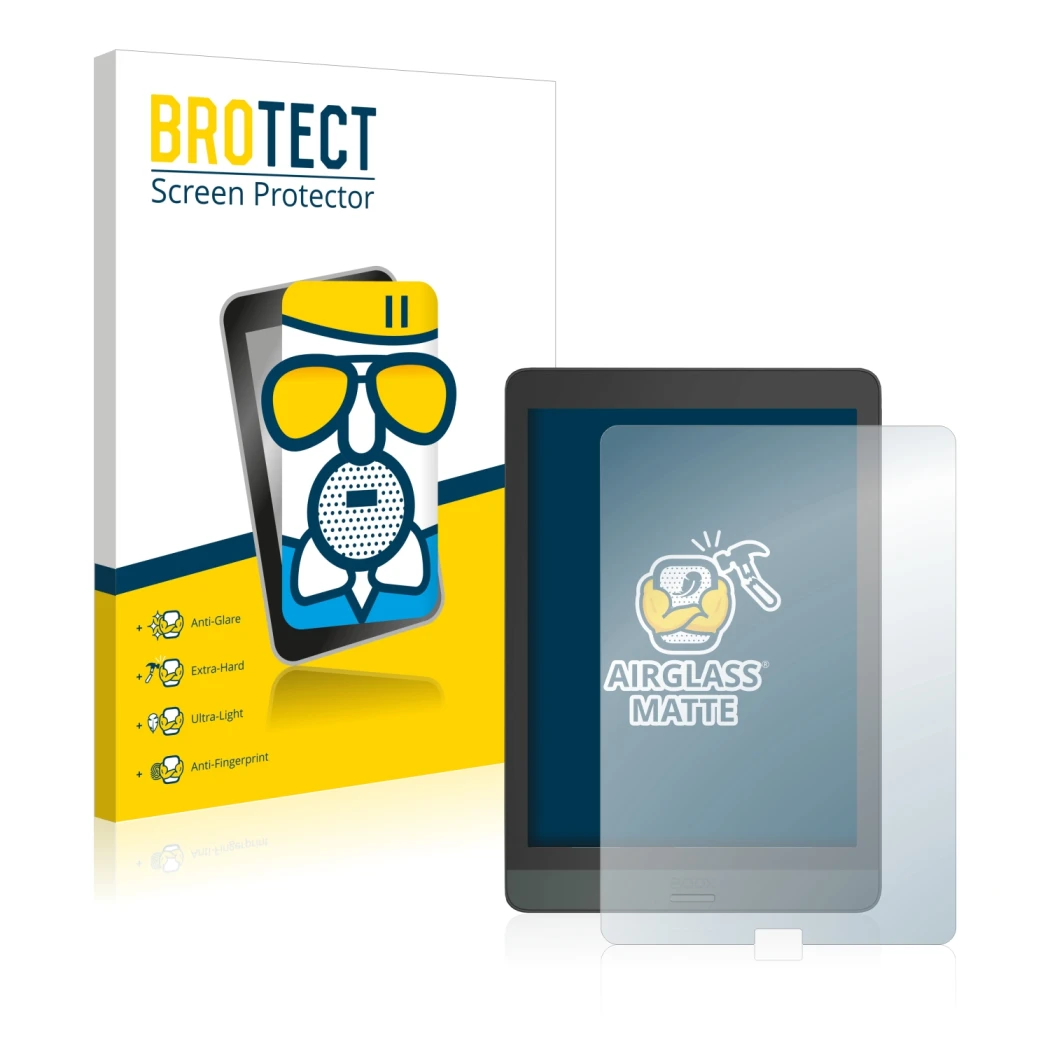 Parte frontal de un envase de producto con el logotipo de la marca BROTECT. Al lado se muestra el dispositivo Boox Nova 3 con 