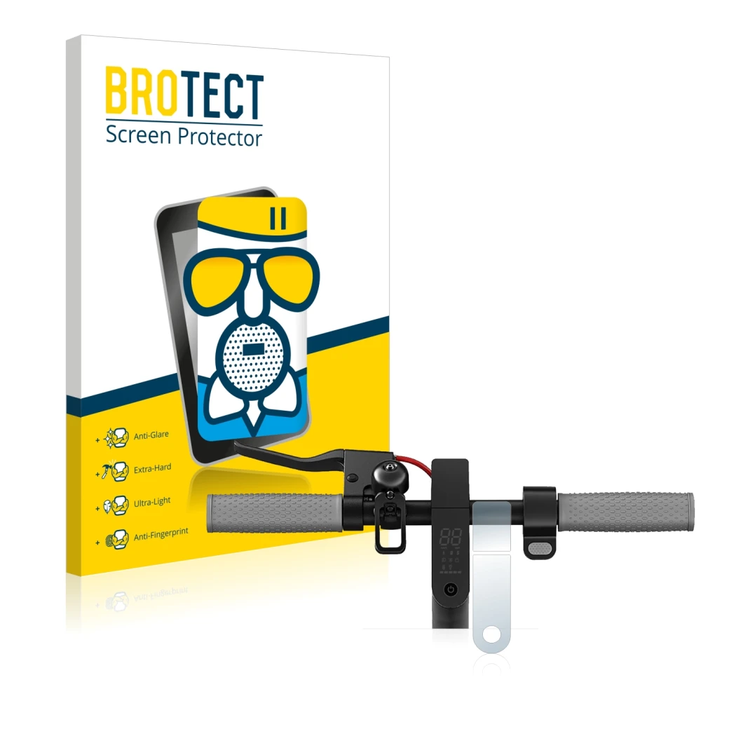 Parte frontal de un envase de producto con el logotipo de la marca BROTECT. Al lado se muestra el dispositivo Xiaomi Mi 1S con