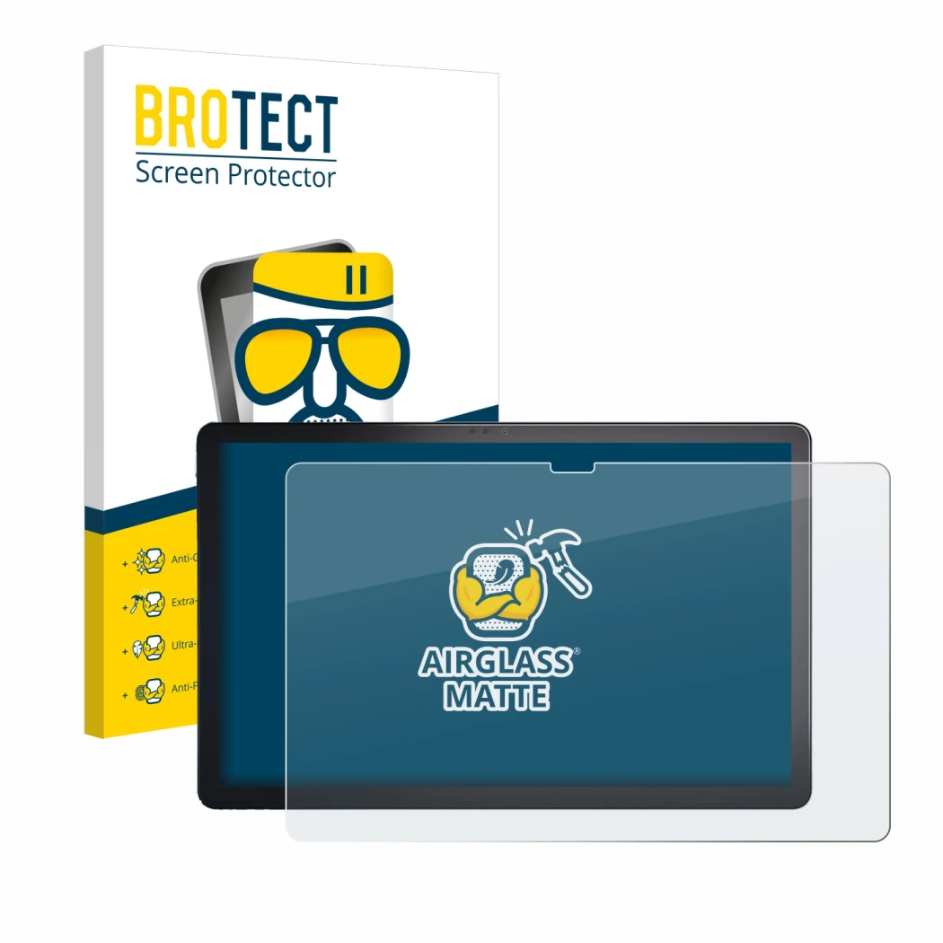 Parte frontal de un envase de producto con el logotipo de la marca BROTECT. Al lado se muestra el dispositivo Lenovo Tab P11 P