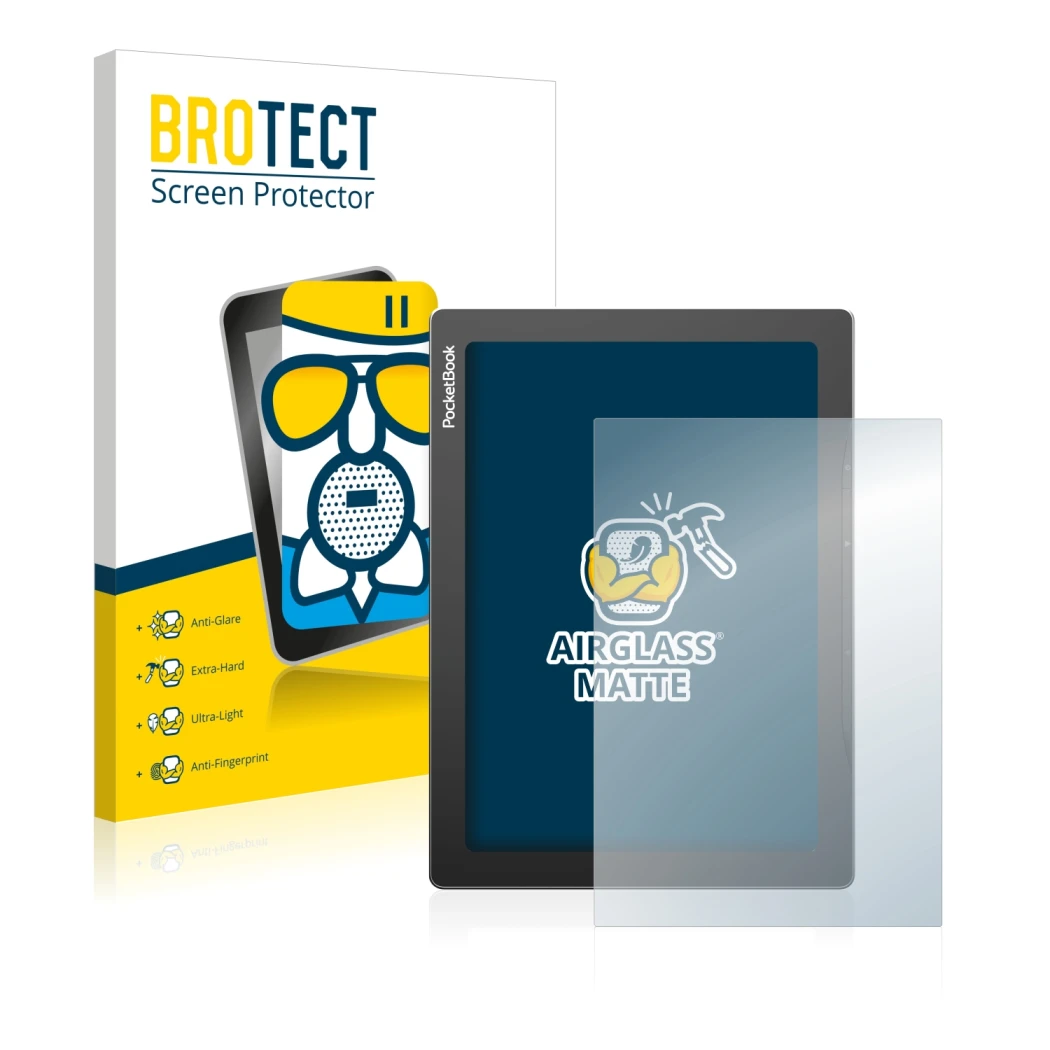 Parte frontal de un envase de producto con el logotipo de la marca BROTECT. Al lado se muestra el dispositivo PocketBook InkPa