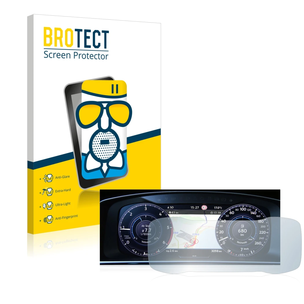 Parte frontal de un envase de producto con el logotipo de la marca BROTECT. Al lado se muestra el dispositivo Volkswagen Golf 