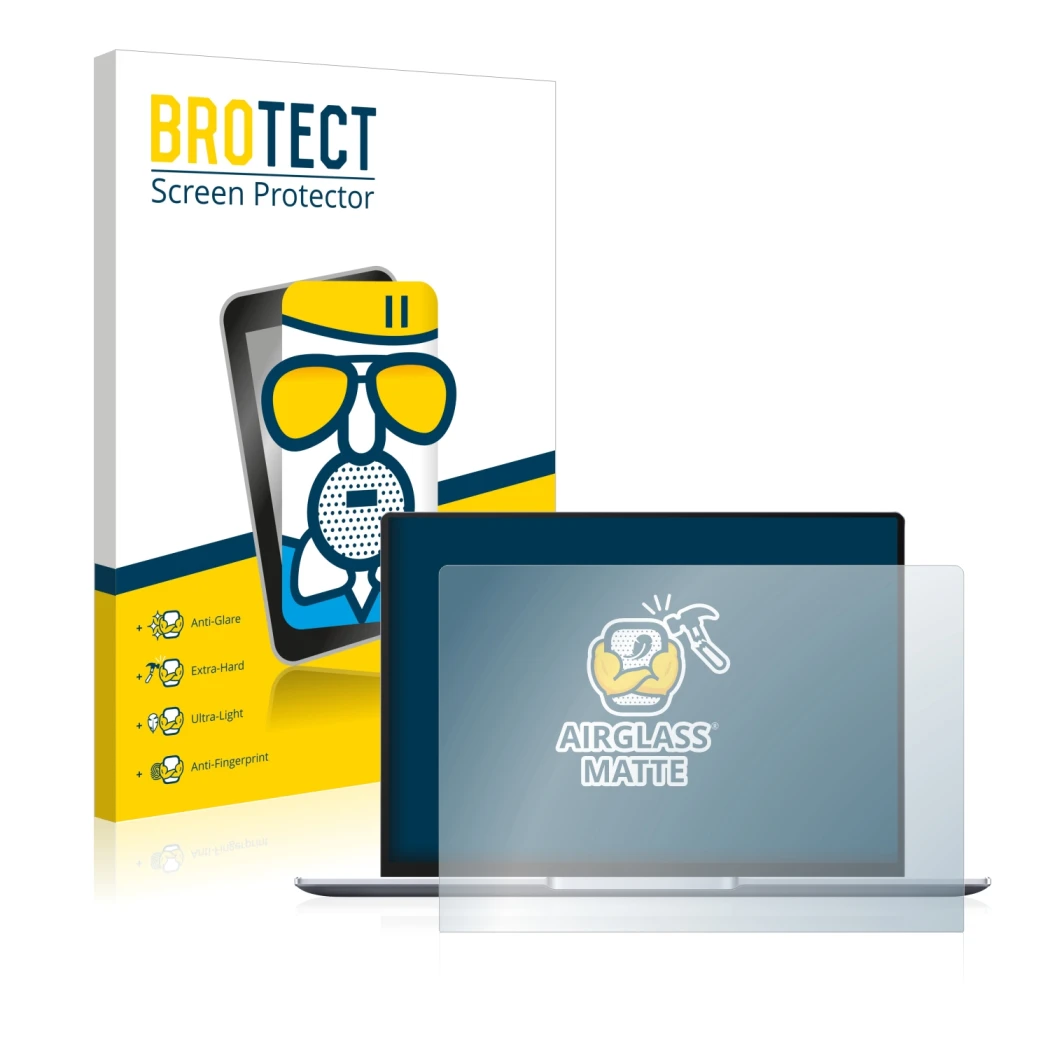 Parte frontal de un envase de producto con el logotipo de la marca BROTECT. Al lado se muestra el dispositivo Huawei MateBook 