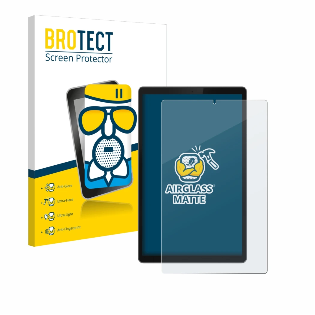 Parte frontal de un envase de producto con el logotipo de la marca BROTECT. Al lado se muestra el dispositivo Lenovo Tab TB-X3