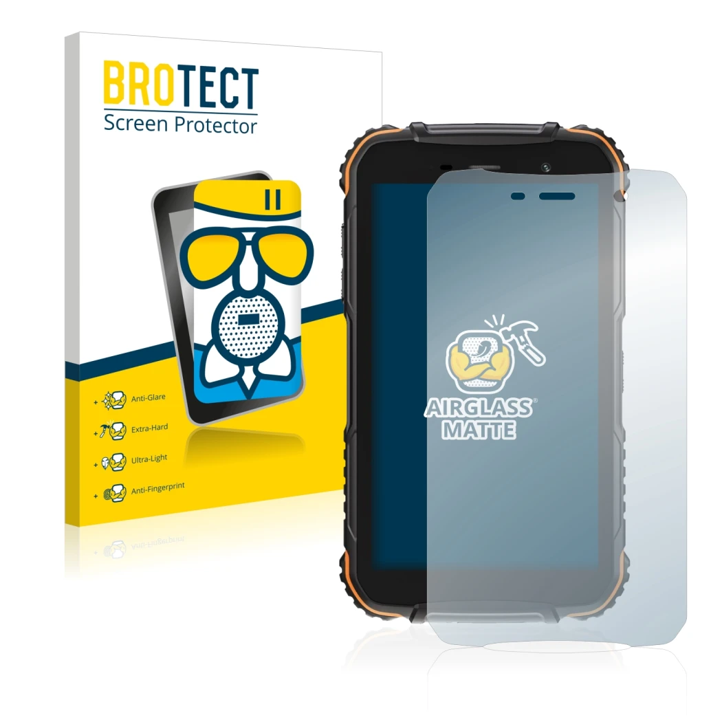 Parte frontal de un envase de producto con el logotipo de la marca BROTECT. Al lado se muestra el dispositivo Doogee S35T con 