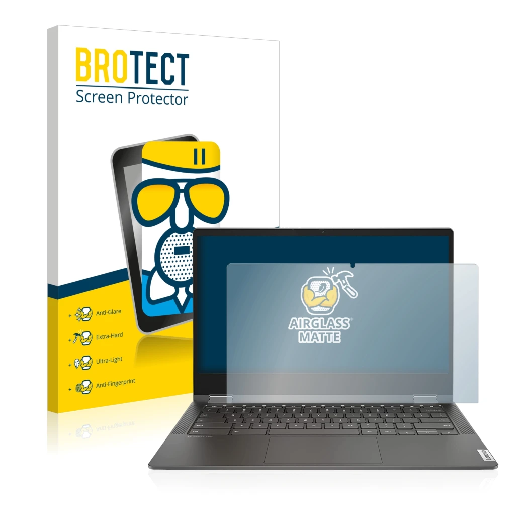 Parte frontal de un envase de producto con el logotipo de la marca BROTECT. Al lado se muestra el dispositivo Lenovo IdeaPad F