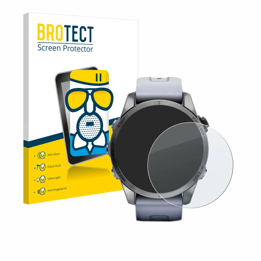 Parte frontal de un envase de producto con el logotipo de la marca BROTECT. Al lado se muestra el dispositivo Garmin Fenix 7S 