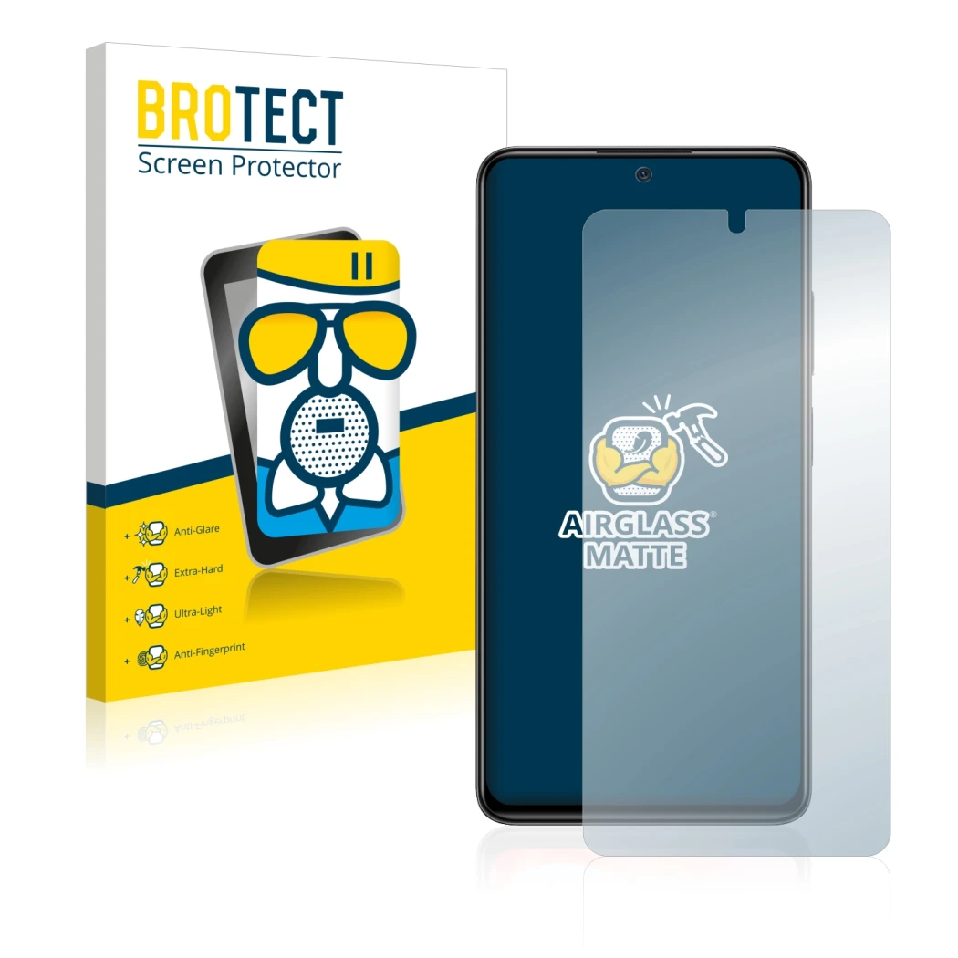 Parte frontal de un envase de producto con el logotipo de la marca BROTECT. Al lado se muestra el dispositivo Xiaomi Redmi Not