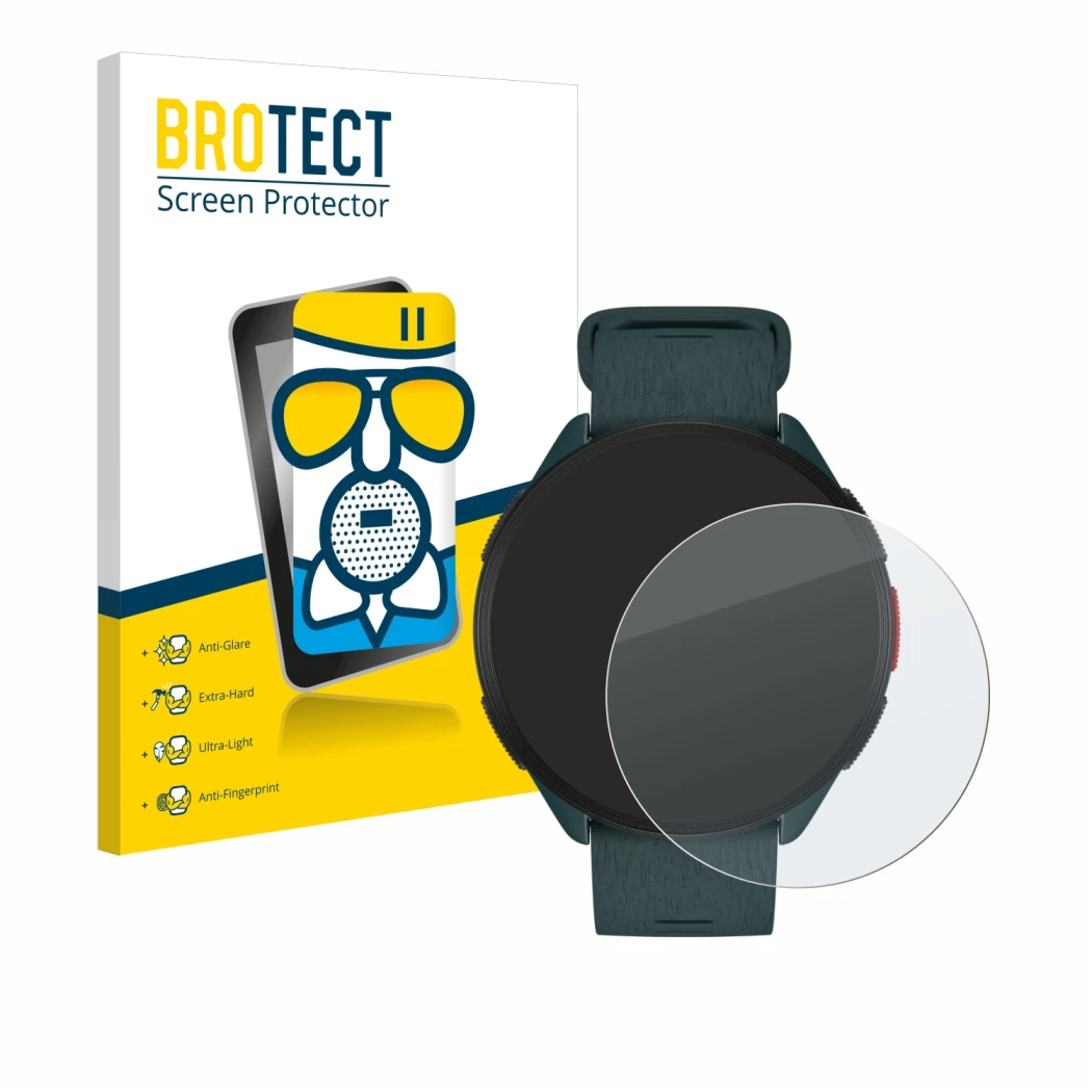 Parte frontal de un envase de producto con el logotipo de la marca BROTECT. Al lado se muestra el dispositivo Polar Pacer con 