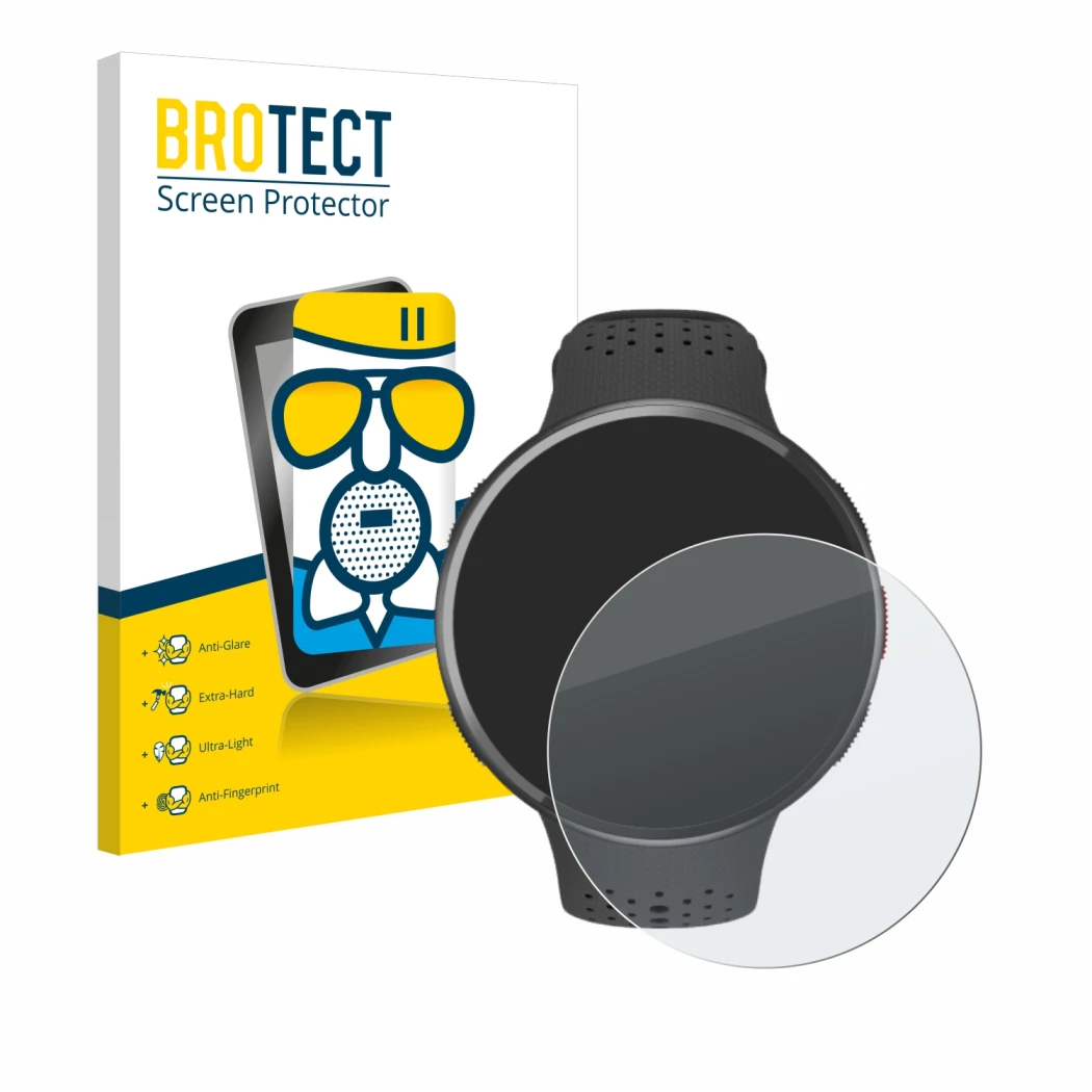 Parte frontal de un envase de producto con el logotipo de la marca BROTECT. Al lado se muestra el dispositivo Polar Pacer Pro 