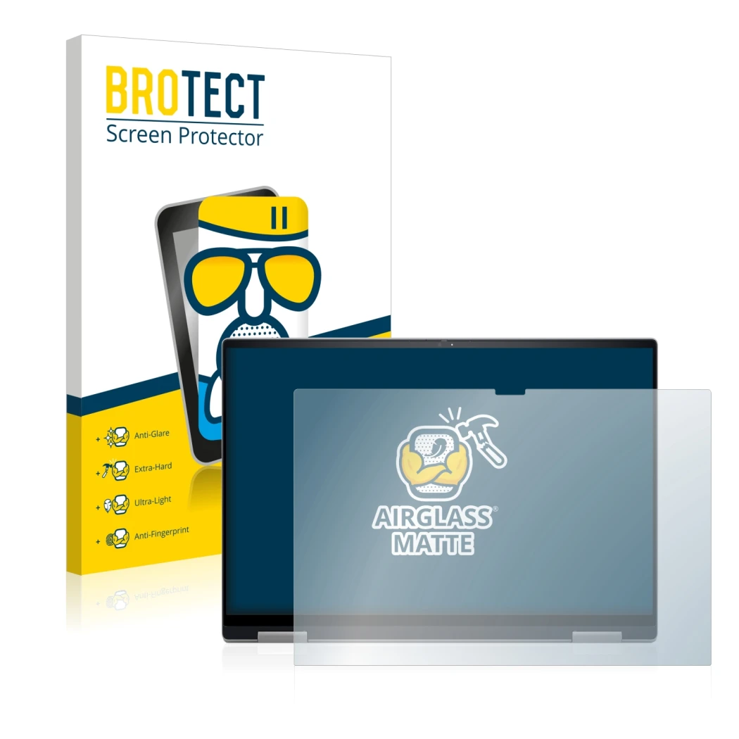 Parte frontal de un envase de producto con el logotipo de la marca BROTECT. Al lado se muestra el dispositivo Dell Inspiron 16