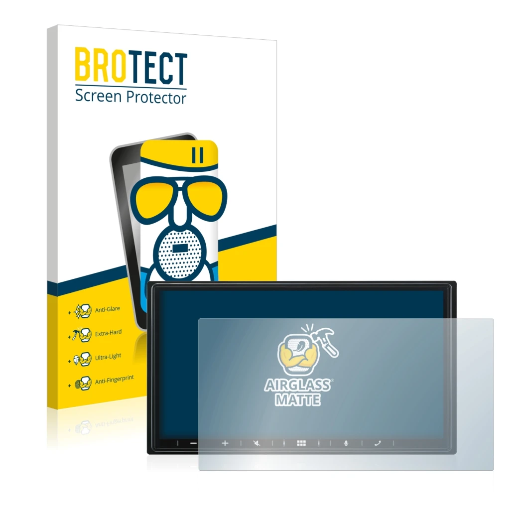 Parte frontal de un envase de producto con el logotipo de la marca BROTECT. Al lado se muestra el dispositivo Alpine iLX-W690D