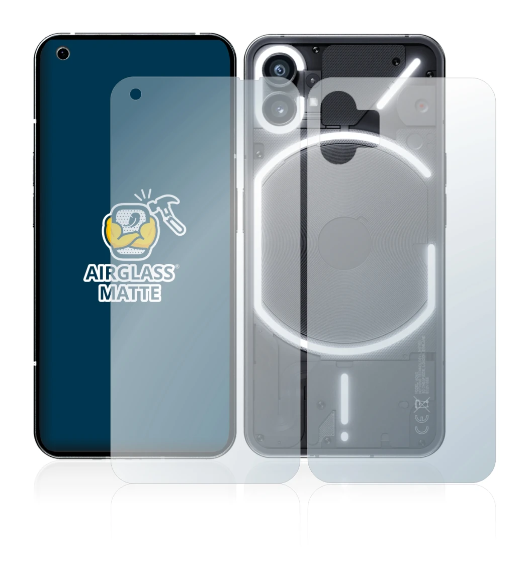 Imagen del dispositivo Nothing Phone (1) (Frontal+Trasero) con una amplia variedad de protectores de pantalla.