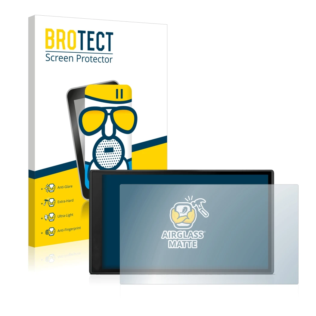 Parte frontal de un envase de producto con el logotipo de la marca BROTECT. Al lado se muestra el dispositivo Garmin DriveSmar