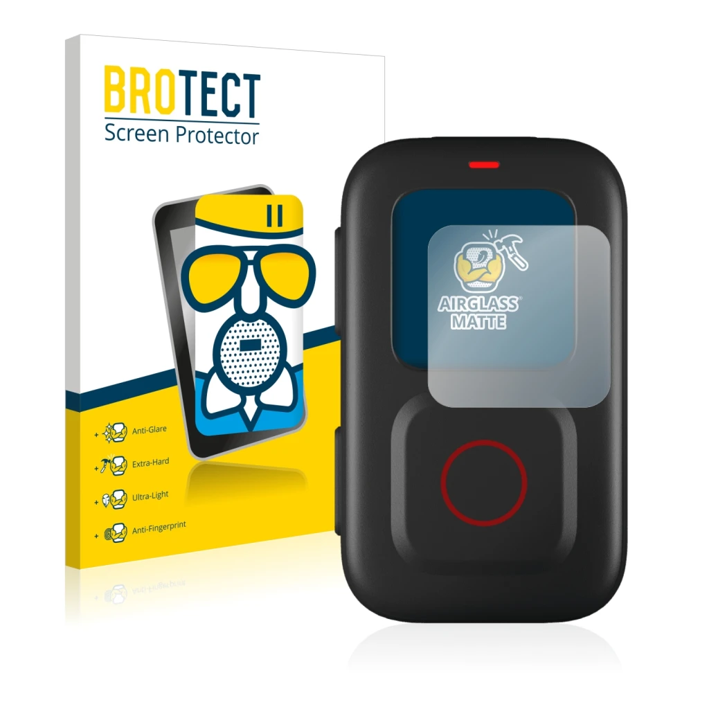 Parte frontal de un envase de producto con el logotipo de la marca BROTECT. Al lado se muestra el dispositivo GoPro Remote con