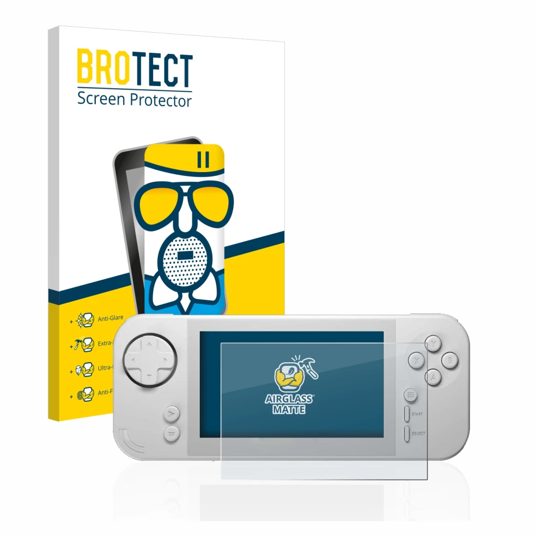 Parte frontal de un envase de producto con el logotipo de la marca BROTECT. Al lado se muestra el dispositivo Evercade EXP con