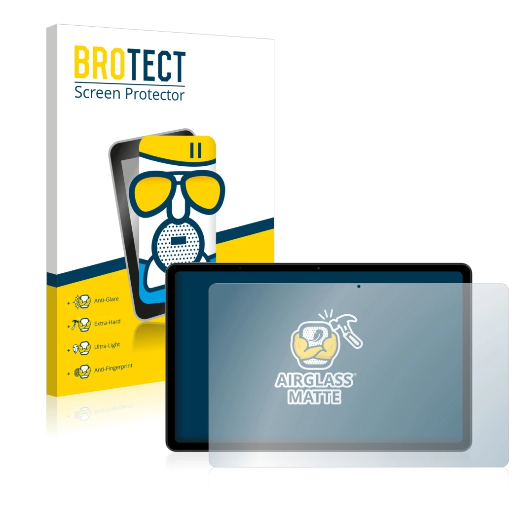 Parte frontal de un envase de producto con el logotipo de la marca BROTECT. Al lado se muestra el dispositivo Xiaomi Redmi Pad