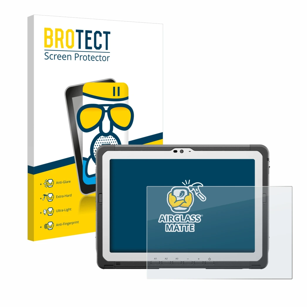 Parte frontal de un envase de producto con el logotipo de la marca BROTECT. Al lado se muestra el dispositivo Panasonic Toughb