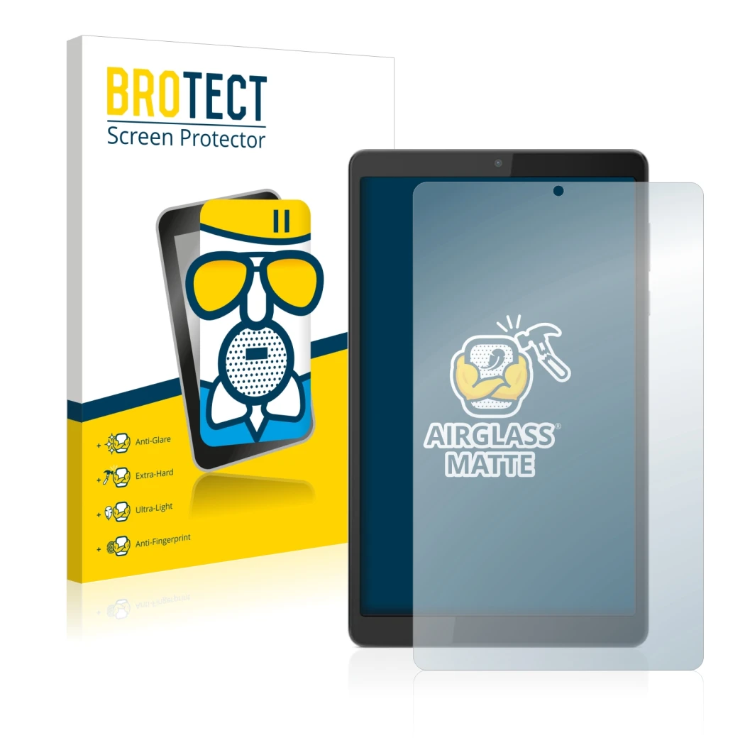 Parte frontal de un envase de producto con el logotipo de la marca BROTECT. Al lado se muestra el dispositivo Lenovo Tab M8 (4