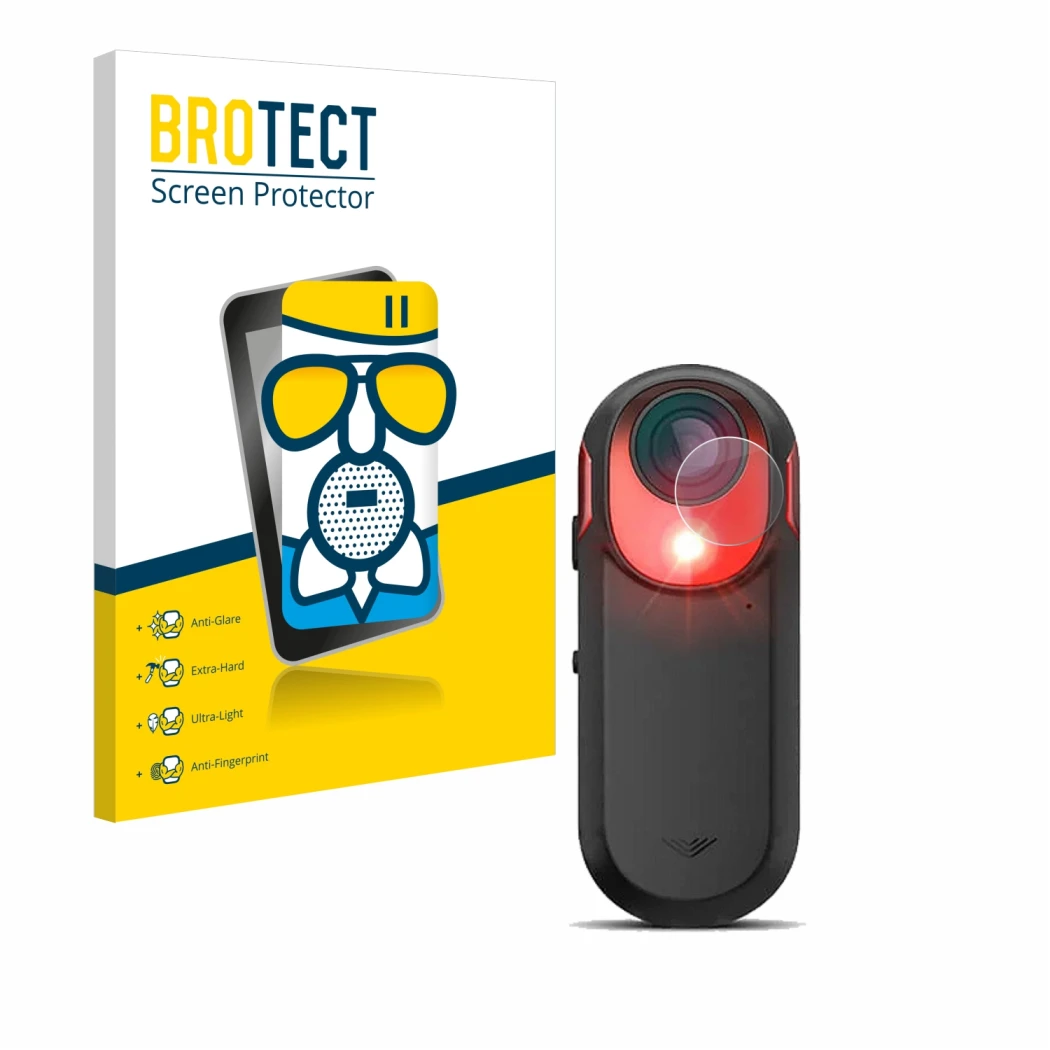 Parte frontal de un envase de producto con el logotipo de la marca BROTECT. Al lado se muestra el dispositivo Garmin Varia RCT