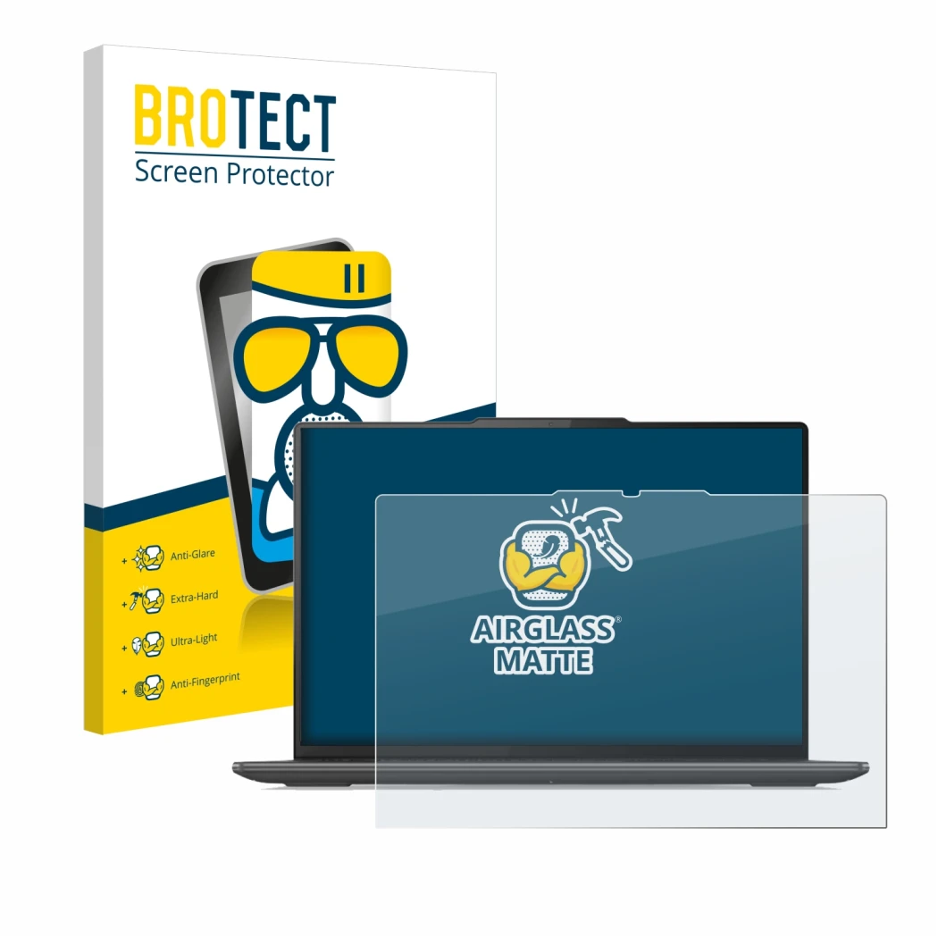 Parte frontal de un envase de producto con el logotipo de la marca BROTECT. Al lado se muestra el dispositivo Lenovo Yoga Pro