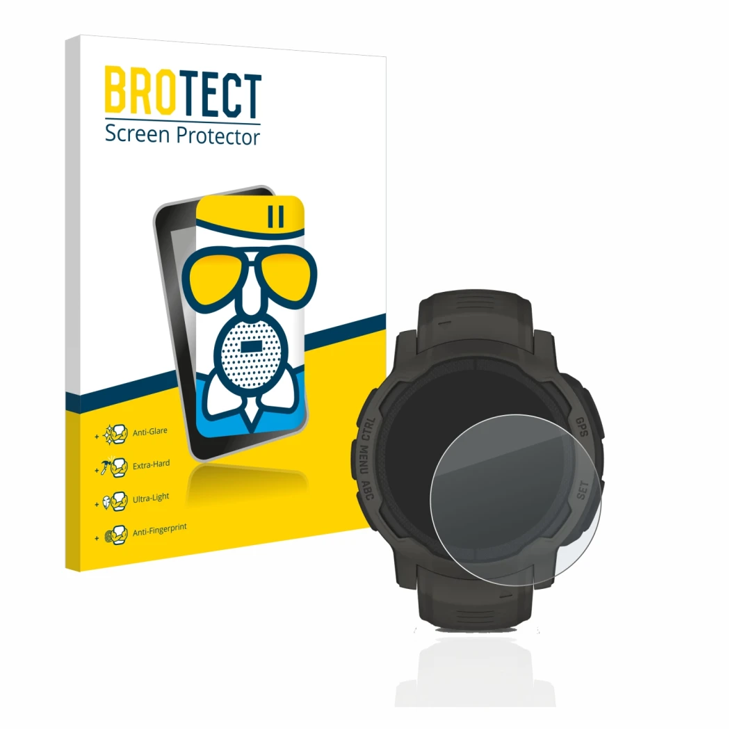 Parte frontal de un envase de producto con el logotipo de la marca BROTECT. Al lado se muestra el dispositivo Garmin Instinct 