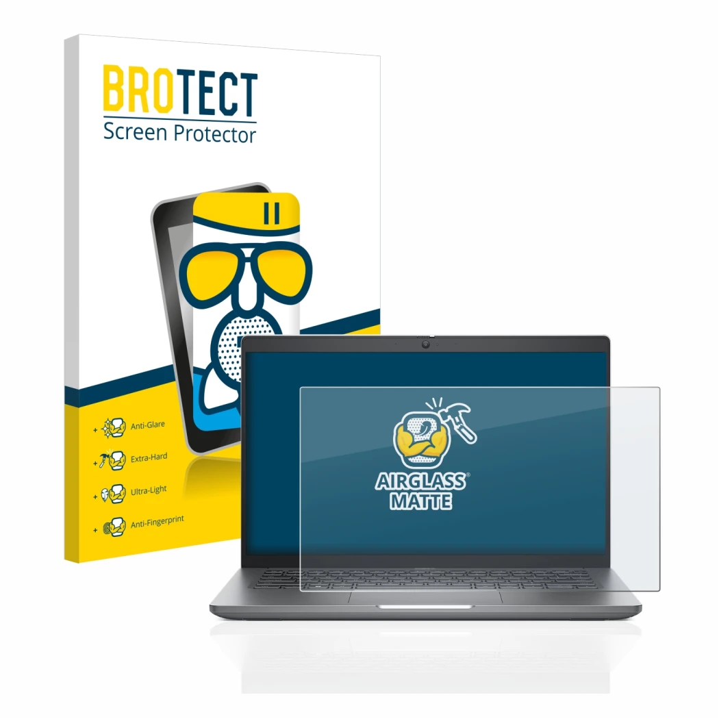 Parte frontal de un envase de producto con el logotipo de la marca BROTECT. Al lado se muestra el dispositivo Dell Latitude 54