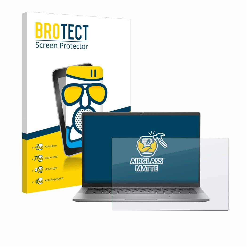 Parte frontal de un envase de producto con el logotipo de la marca BROTECT. Al lado se muestra el dispositivo Dell Latitude 74