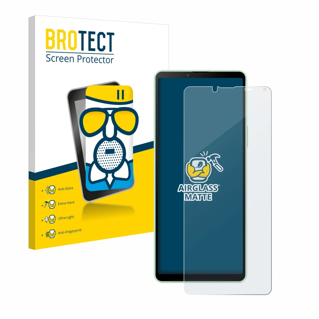 Parte frontal de un envase de producto con el logotipo de la marca BROTECT. Al lado se muestra el dispositivo Sony Xperia 10 V