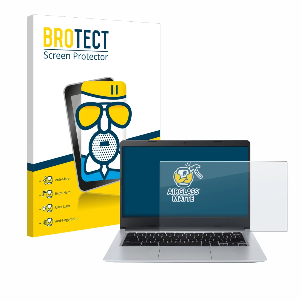 Parte frontal de un envase de producto con el logotipo de la marca BROTECT. Al lado se muestra el dispositivo Acer Chromebook 