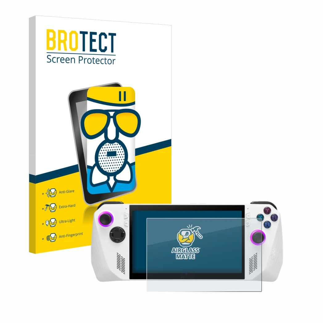 Parte frontal de un envase de producto con el logotipo de la marca BROTECT. Al lado se muestra el dispositivo ASUS ROG Ally (2