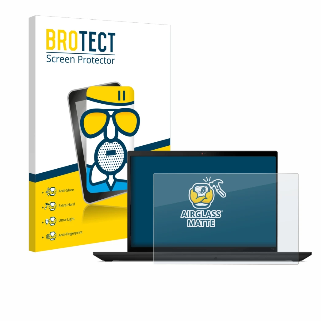 Parte frontal de un envase de producto con el logotipo de la marca BROTECT. Al lado se muestra el dispositivo Lenovo ThinkPad