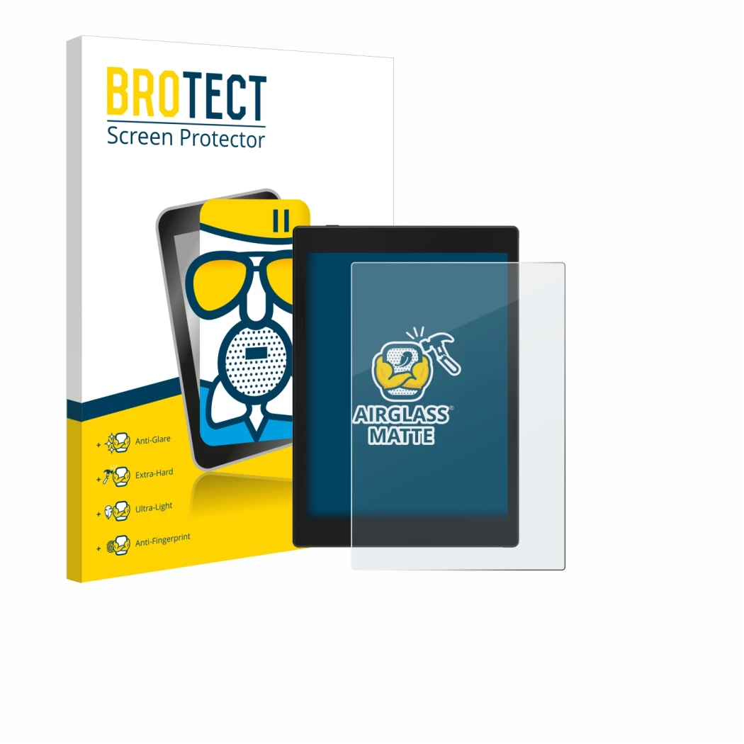 Parte frontal de un envase de producto con el logotipo de la marca BROTECT. Al lado se muestra el dispositivo Boox Tab Mini C