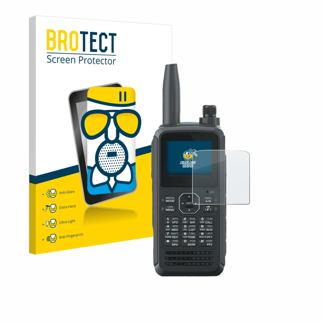 Parte frontal de un envase de producto con el logotipo de la marca BROTECT. Al lado se muestra el dispositivo Kenwood TH-D75E 