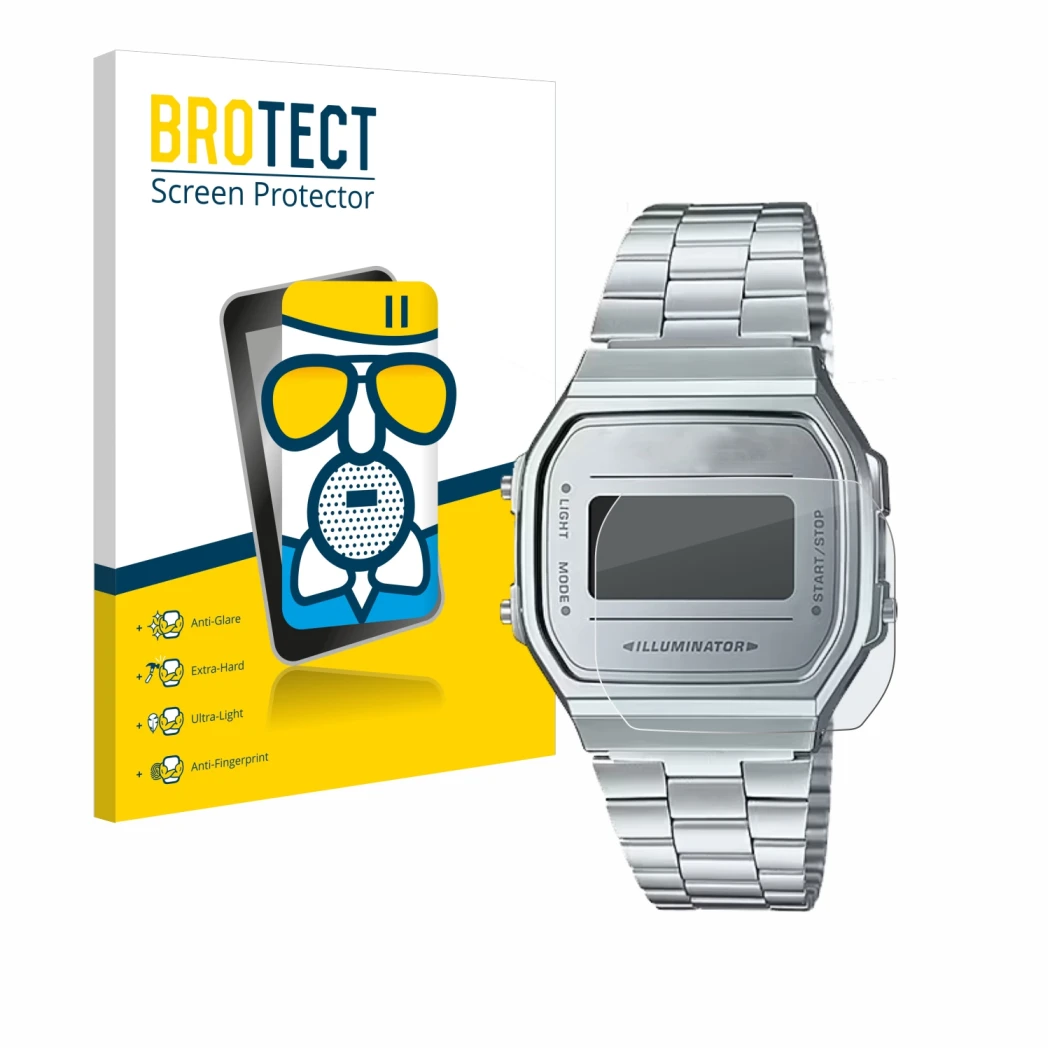 Parte frontal de un envase de producto con el logotipo de la marca BROTECT. Al lado se muestra el dispositivo Casio A168WEM-7E