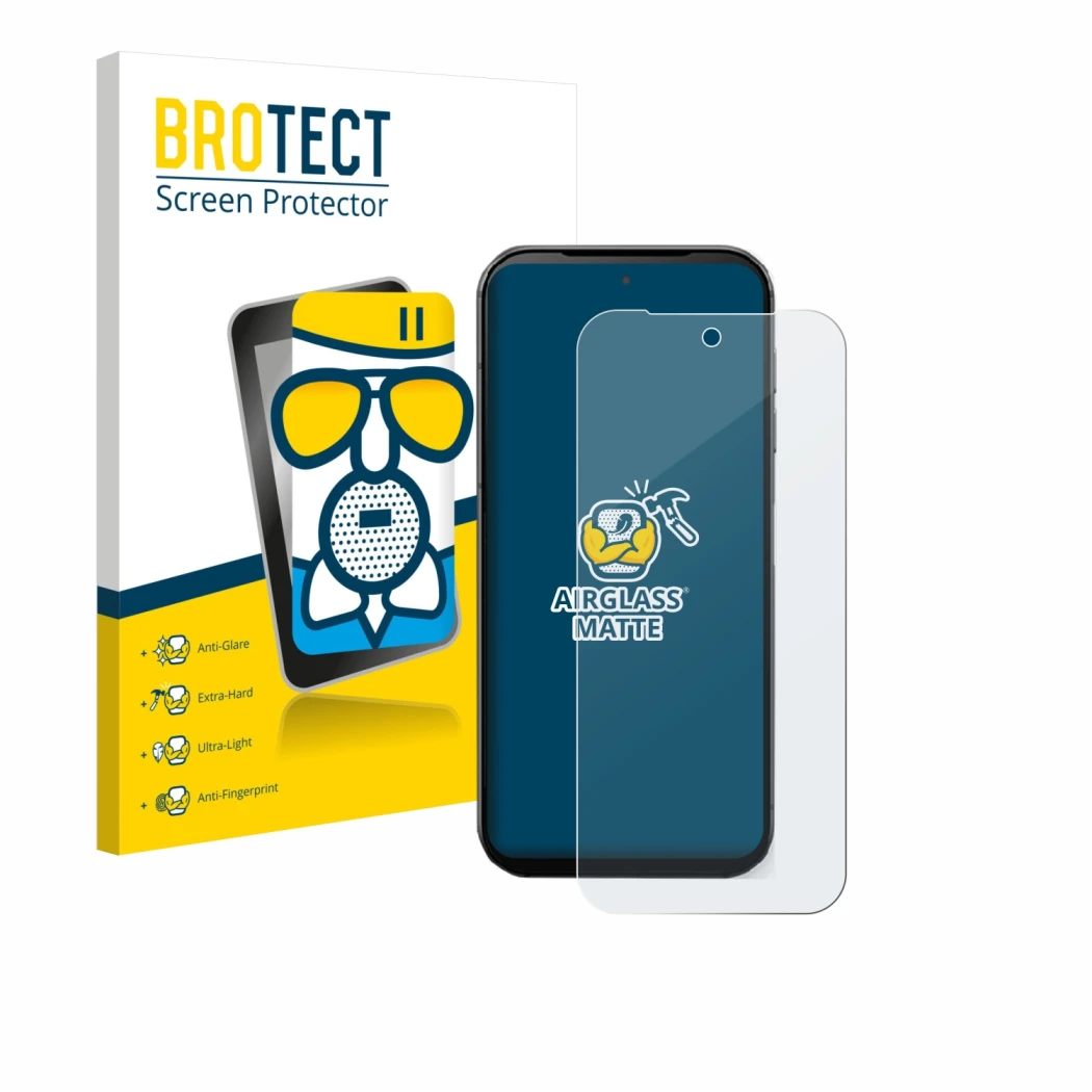 Parte frontal de un envase de producto con el logotipo de la marca BROTECT. Al lado se muestra el dispositivo Fairphone 5 con 