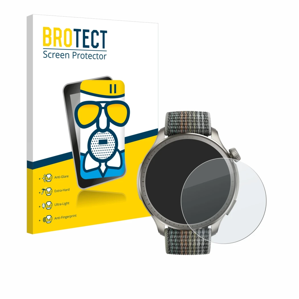 Parte frontal de un envase de producto con el logotipo de la marca BROTECT. Al lado se muestra el dispositivo Huami Amazfit Ba